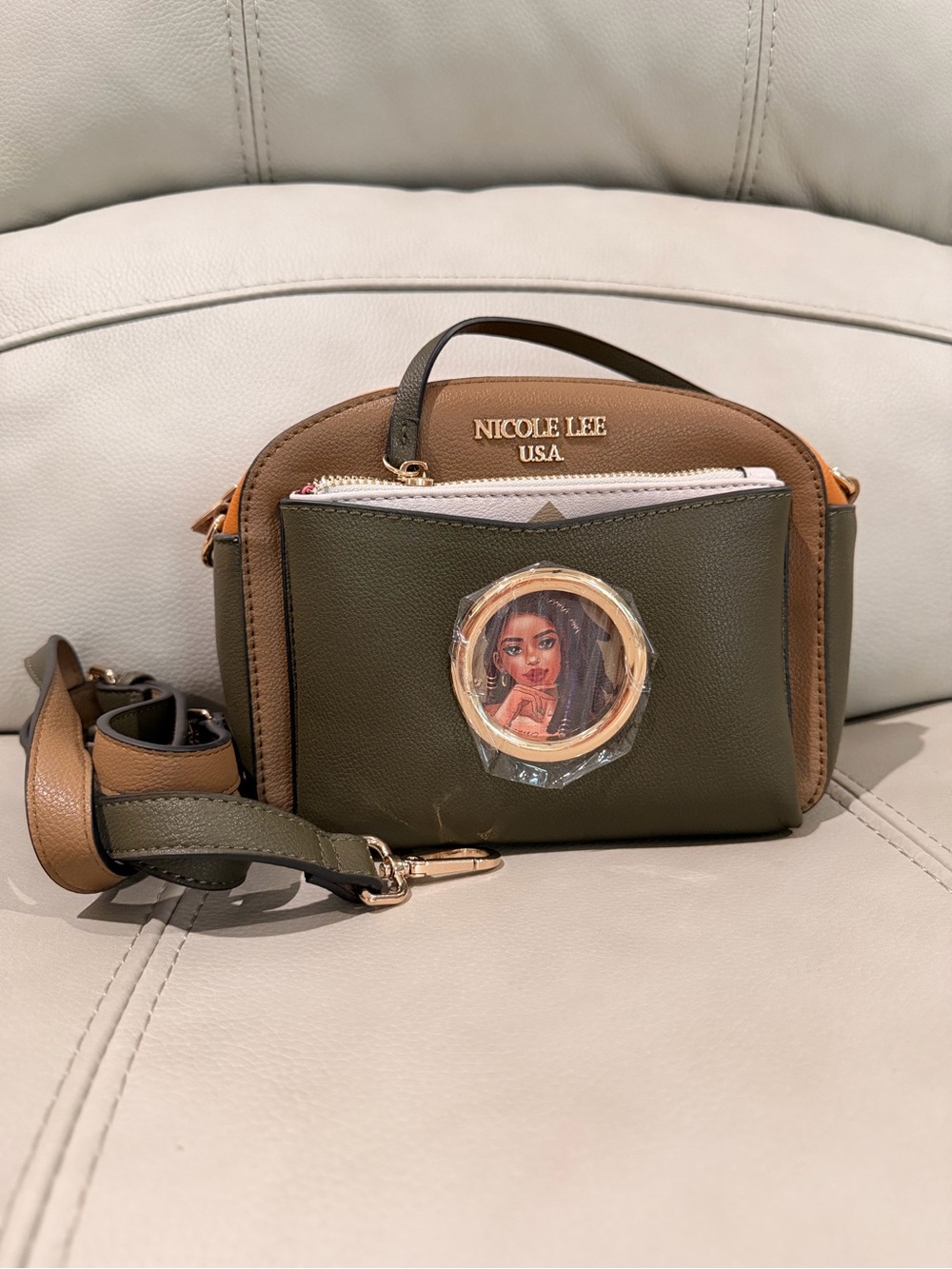 Nicole Lee Olive and Tan Crossbody Bag new